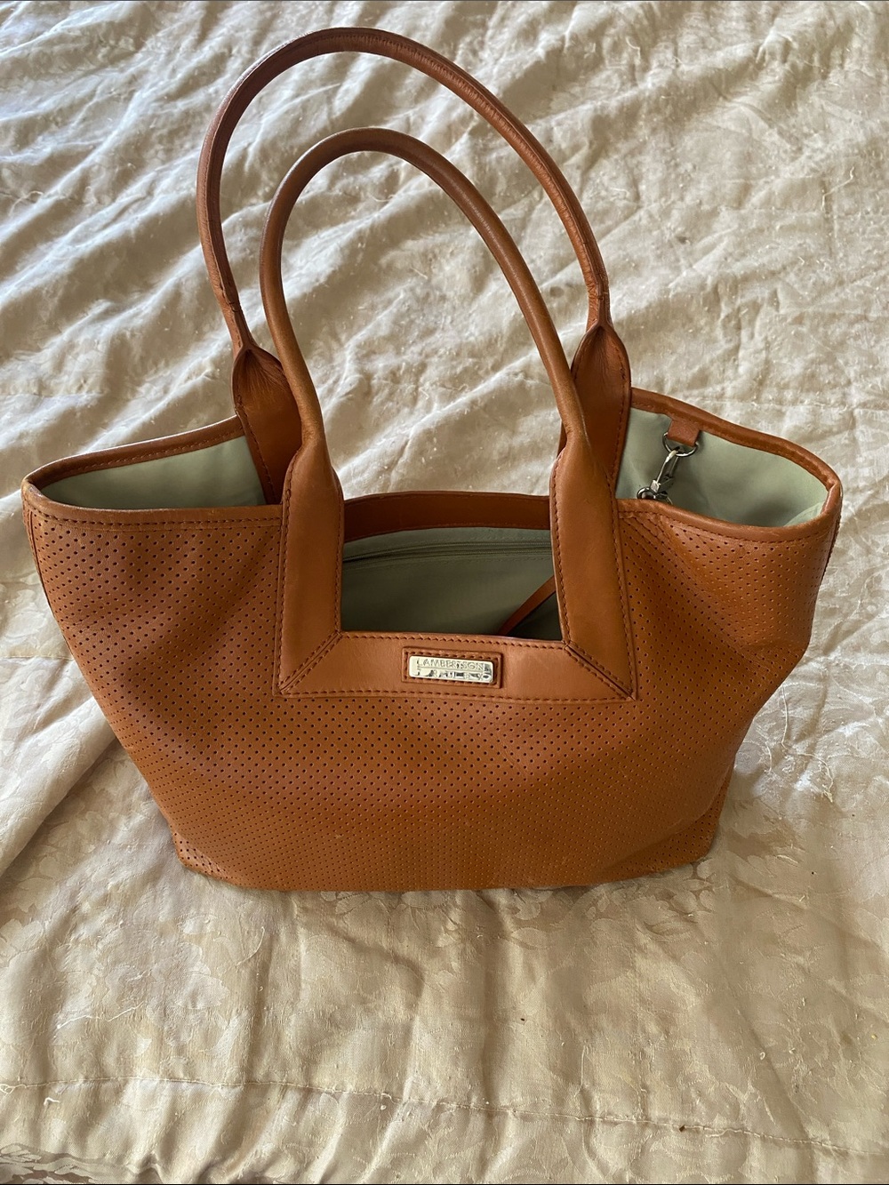 Lambertson Truex “La Mer” Perforated Shoulder Tote Bag in Cognac Brown